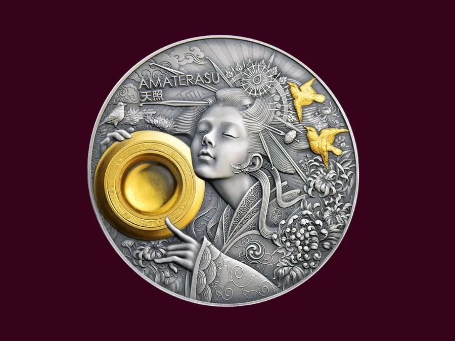 Khi giận dữ ẩn mình trong hang, thế gian chìm trong bóng tối; chỉ khi bà trở lại, ánh sáng và sự sống mới hồi sinh Xu bạc Amaterasu