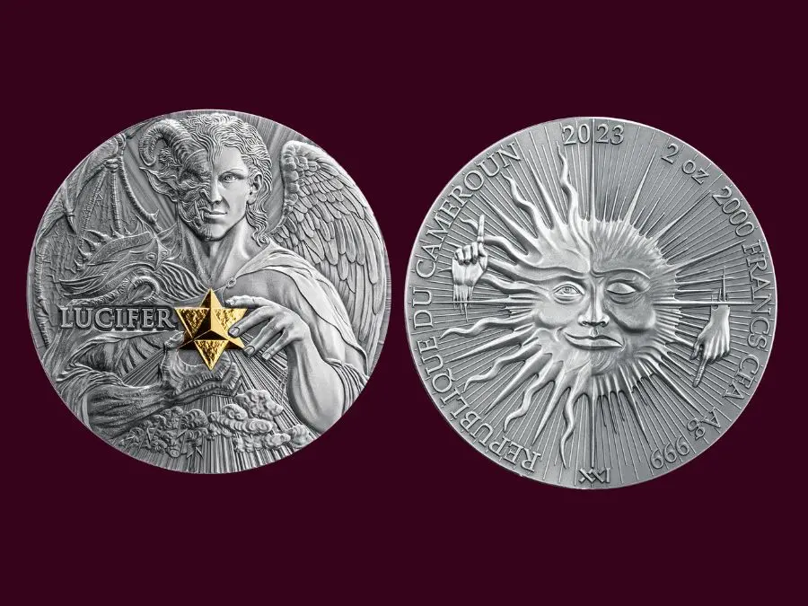 Đồng xu Lucifer Morningstar thể hiện hai khuôn mặt cho sự đối lập giữa ánh sáng và bóng tối xu bạc Dual Essence Mint21 Lucifer Morningstar
