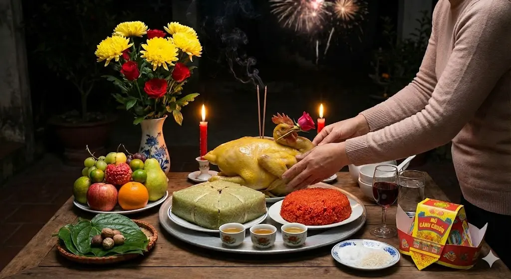 Bài cúng Giao thừa ngoài trời cần chuẩn bị mâm lễ trang nghiêm để kính cáo trời đất và tiễn năm cũ Bài cúng Giao thừa ngoài trời cần chuẩn bị mâm lễ trang nghiêm để kính cáo trời đất và tiễn năm cũ