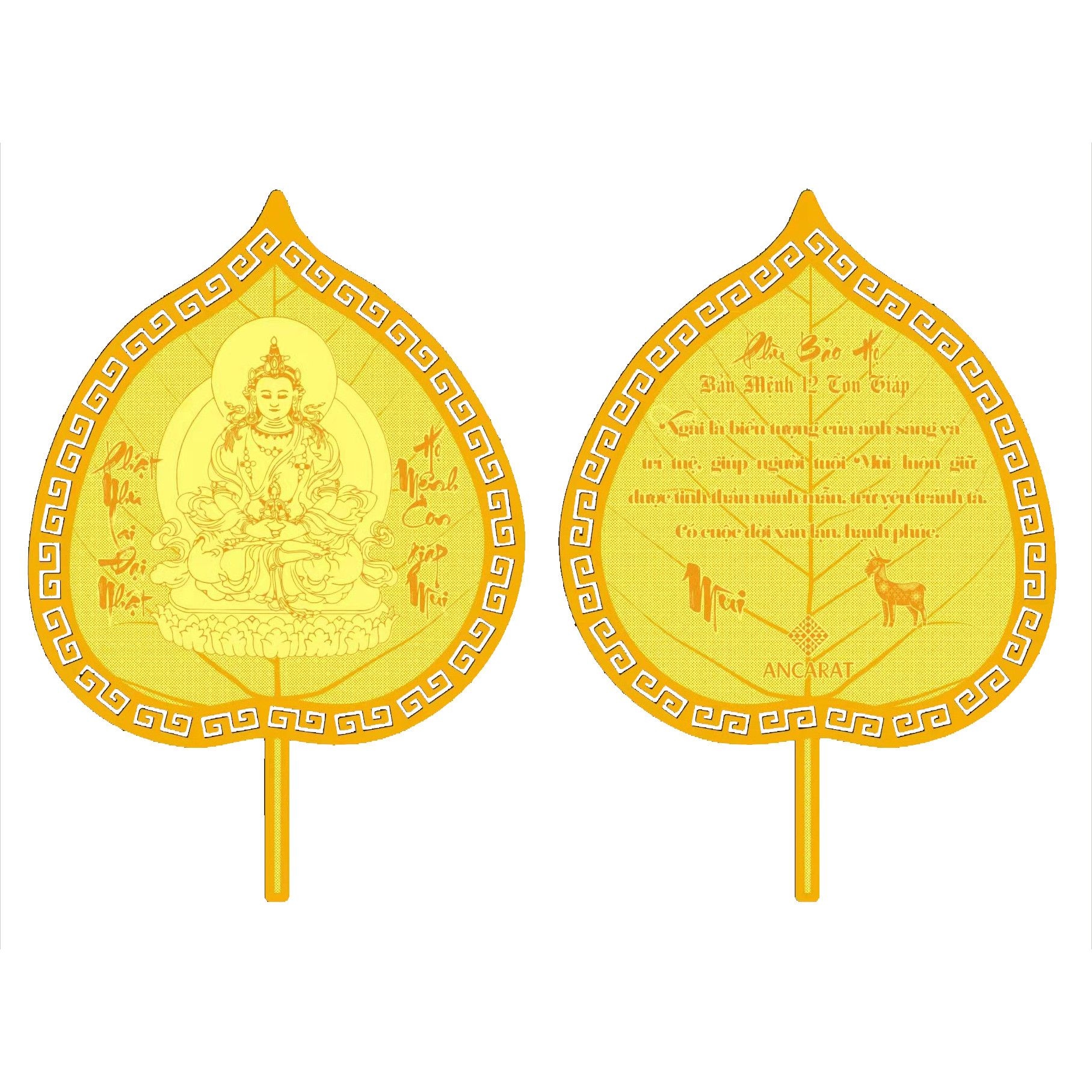 Lá Bồ Đề Mạ Vàng 24K Phật Hộ Mệnh Tuổi Mùi ANCARAT
