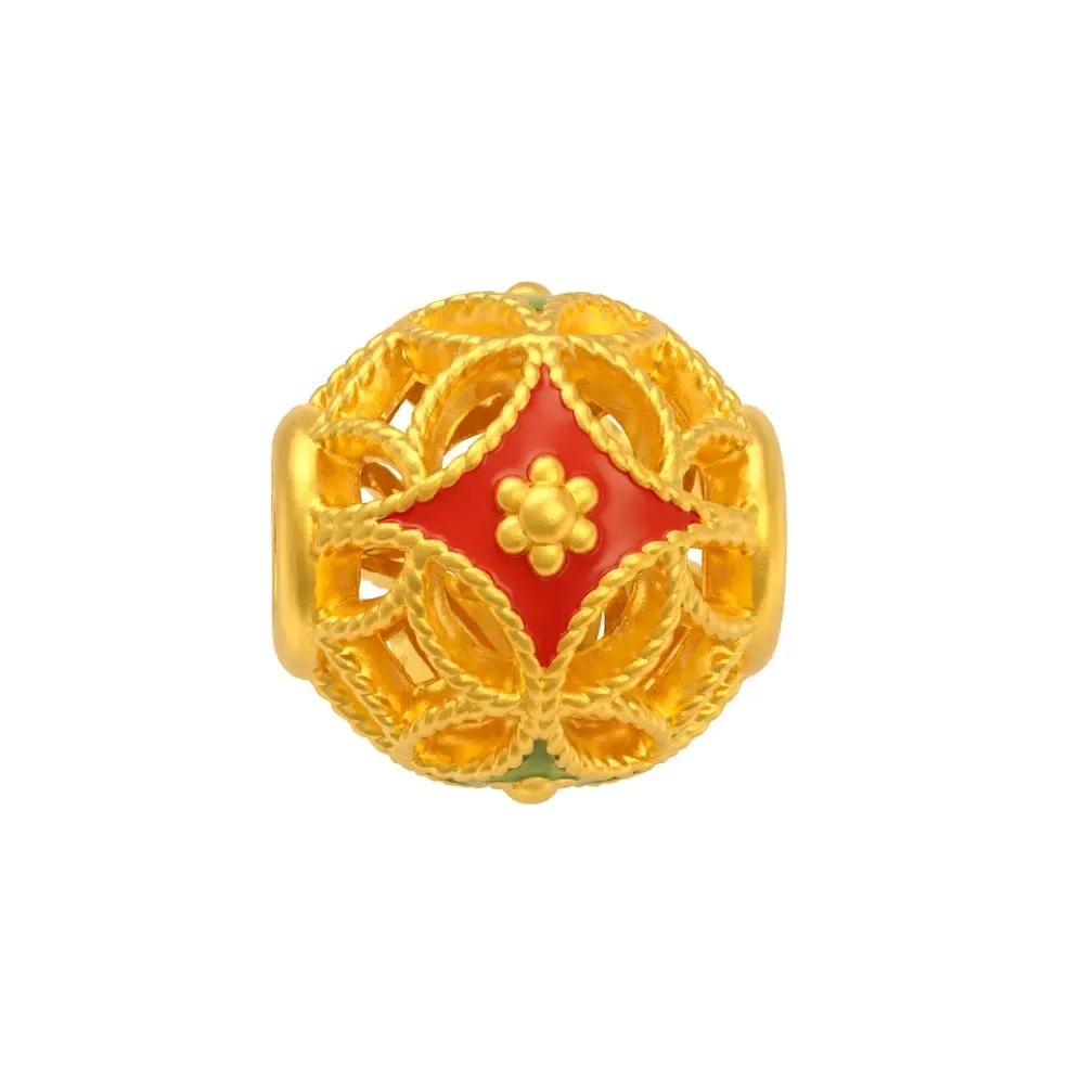 Charm Vàng 24K Hột Tròn Hoa Nền Đỏ Sơn Màu 5D - ES06 ANCARAT