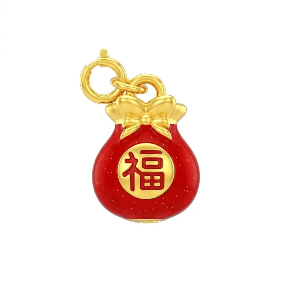 Charm rơi Vàng 18K Túi tiền chữ Phúc sơn màu 5D