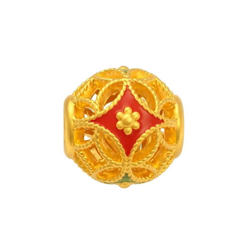 Charm Vàng 24K Hột Tròn Hoa Nền Đỏ Sơn Màu 5D - ES06 ANCARAT