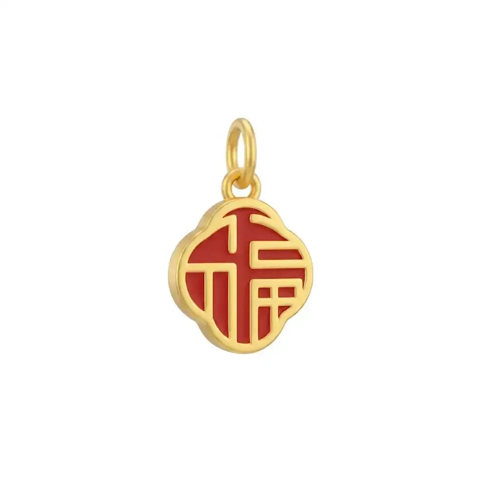 Mặt Dây Vàng 24K Chữ Phúc Cách Điệu Nền Đỏ ANCARAT