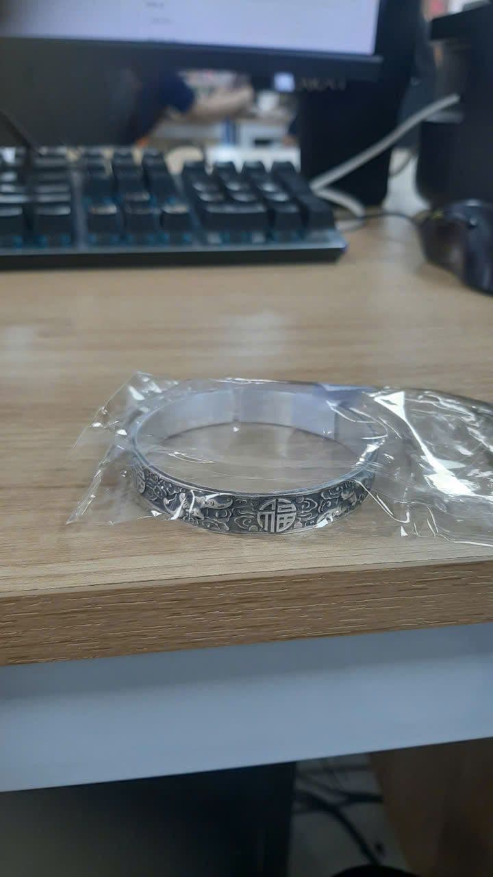 Vòng Tay Bạc 999 Khắc Chữ Phúc Xi Đen Open Cuff ANCARAT