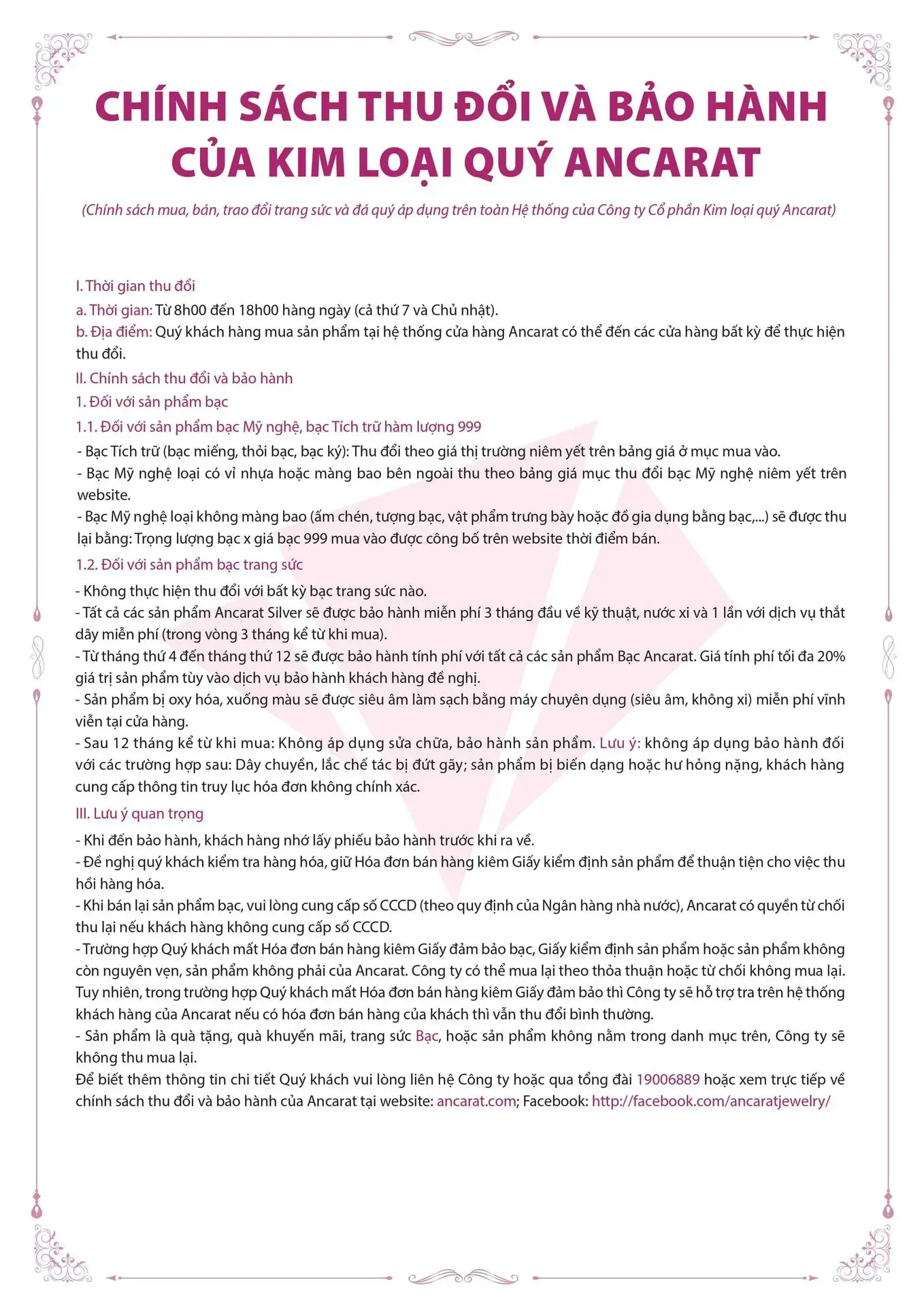 Văn bản quy định hướng dẫn mua bạc và thu đổi của Ancarat.