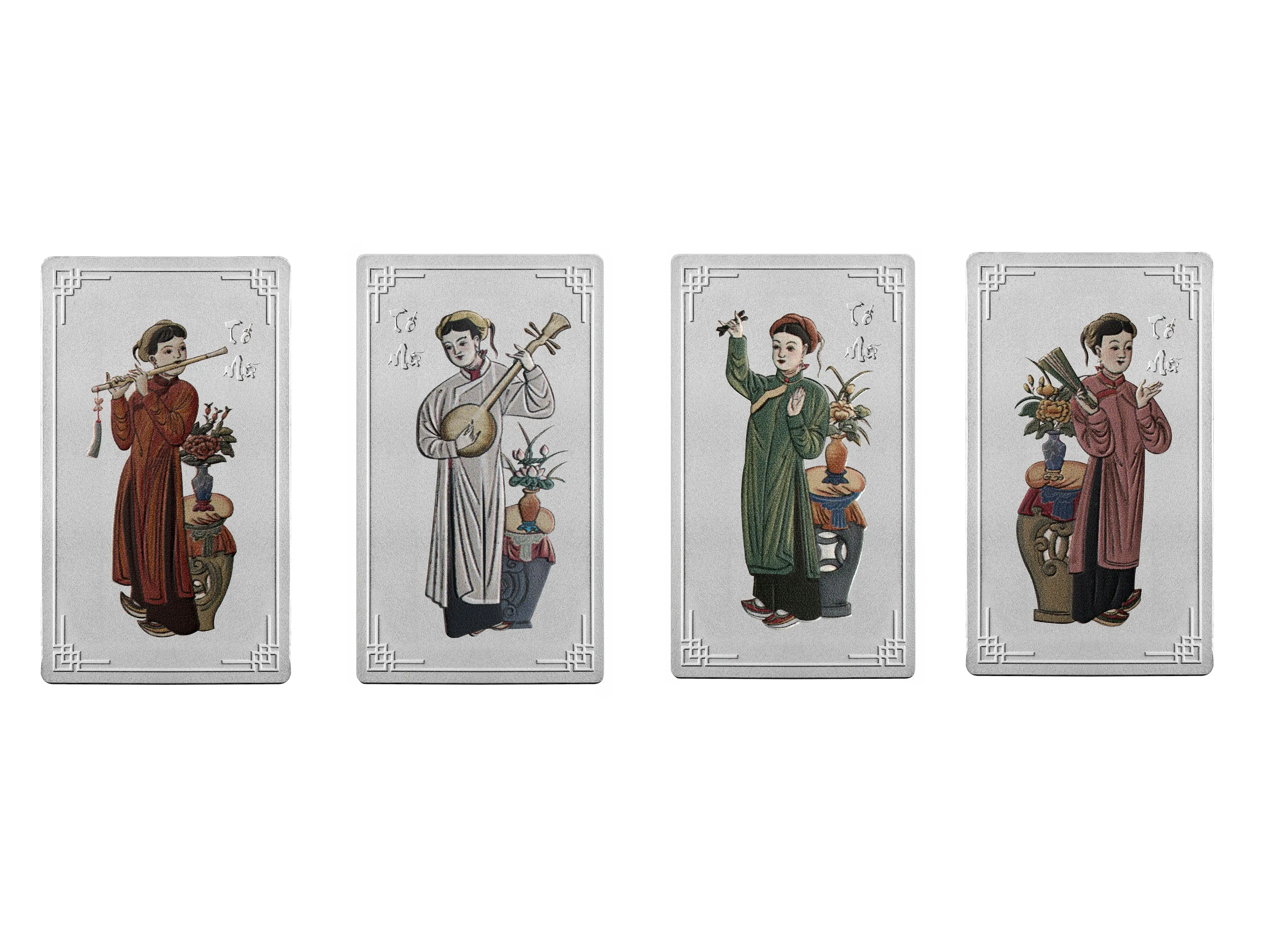 Set Tố Nữ gồm 4 thỏi bạc miếng ancarat 999 (tổng 4 lượng) với thiết kế tinh xảo.