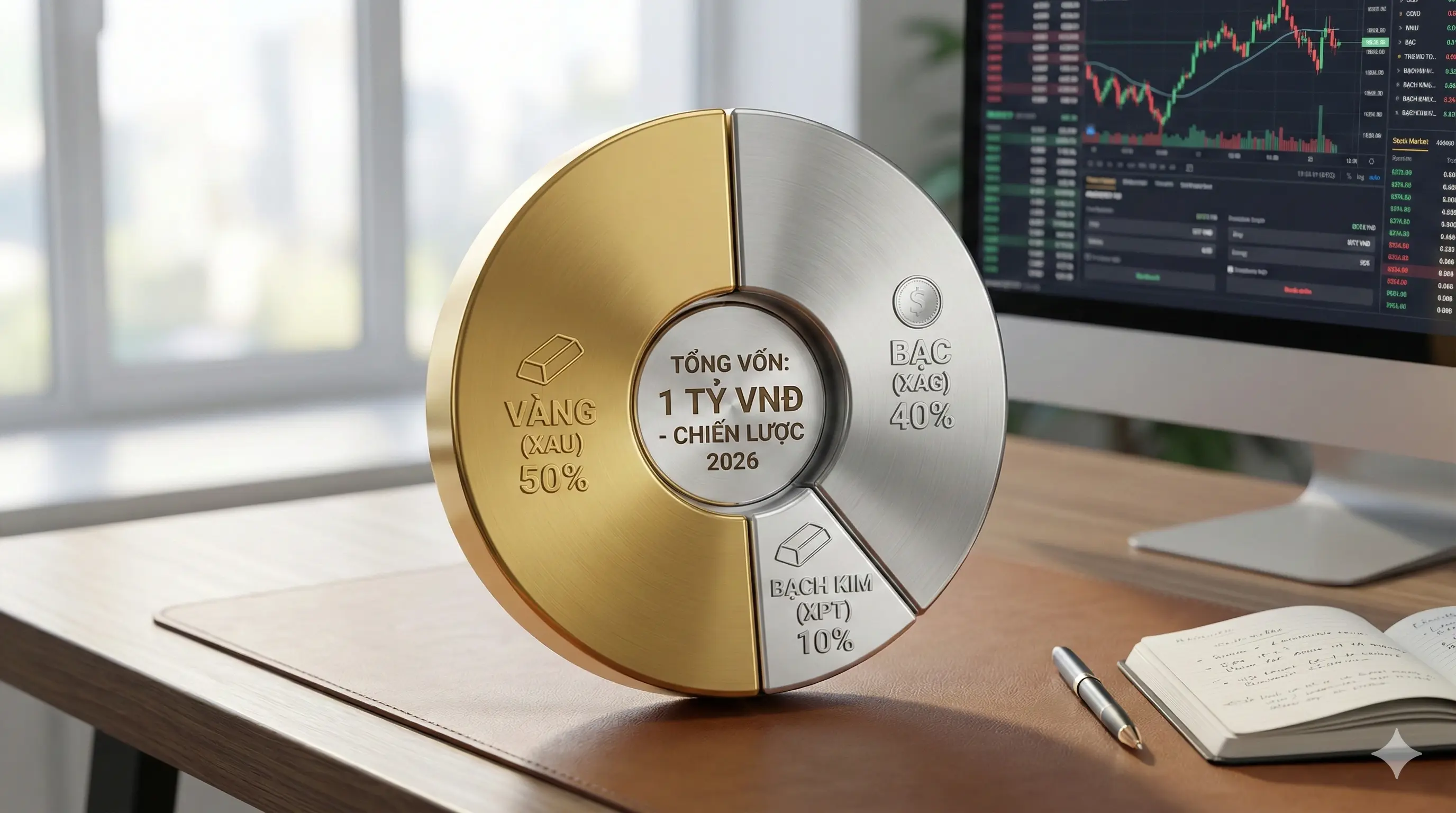 Chiến lược Core & Satellite cho vốn 1 tỷ: 50% Vàng (giữ nền), 40% Bạc Ancarat (tăng trưởng) và 10% Bạch kim. Chiến lược Core & Satellite cho vốn 1 tỷ: 50% Vàng (giữ nền), 40% Bạc Ancarat (tăng trưởng) và 10% Bạch kim.