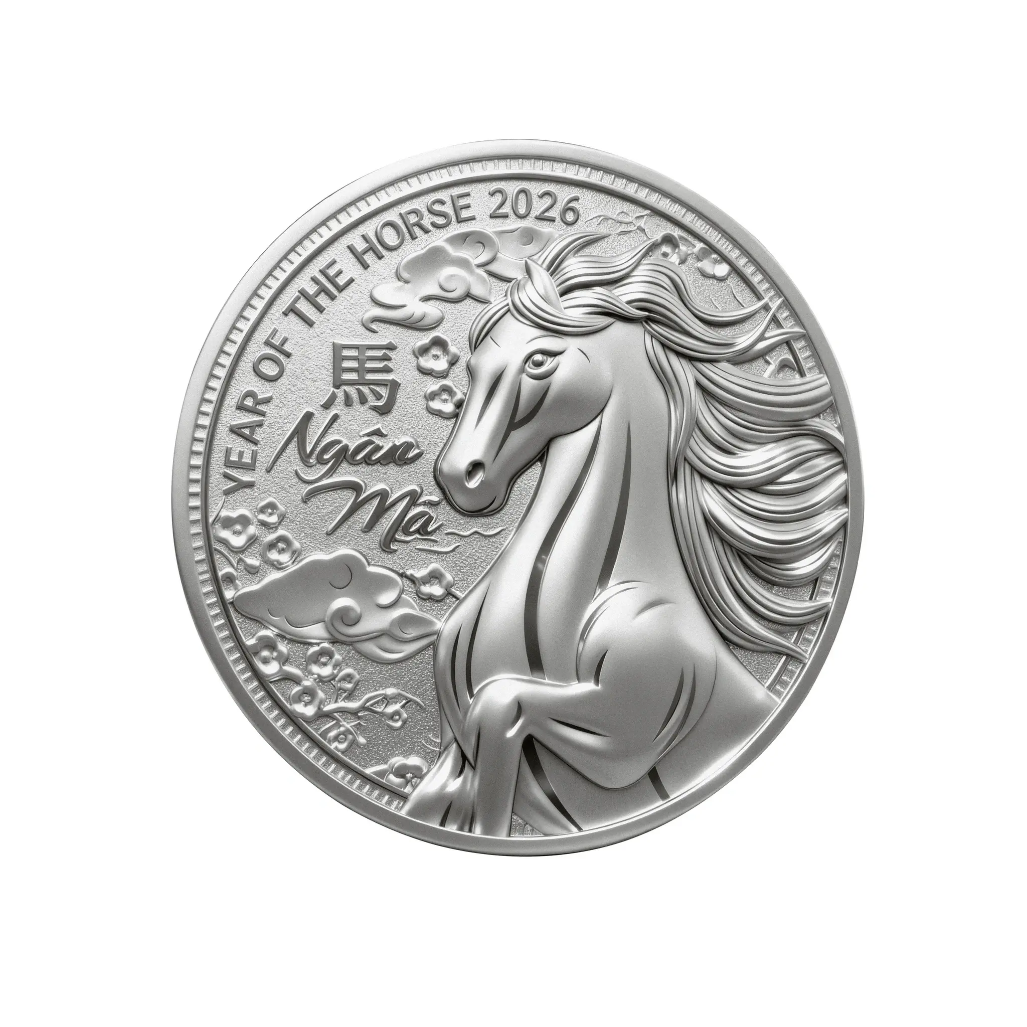 Cận cảnh mặt trước đồng xu Ngân Mã Vượng Phát với hình ảnh chiến mã dập nổi 3D sống động Cận cảnh mặt trước đồng xu Ngân Mã Vượng Phát với hình ảnh chiến mã dập nổi 3D sống động