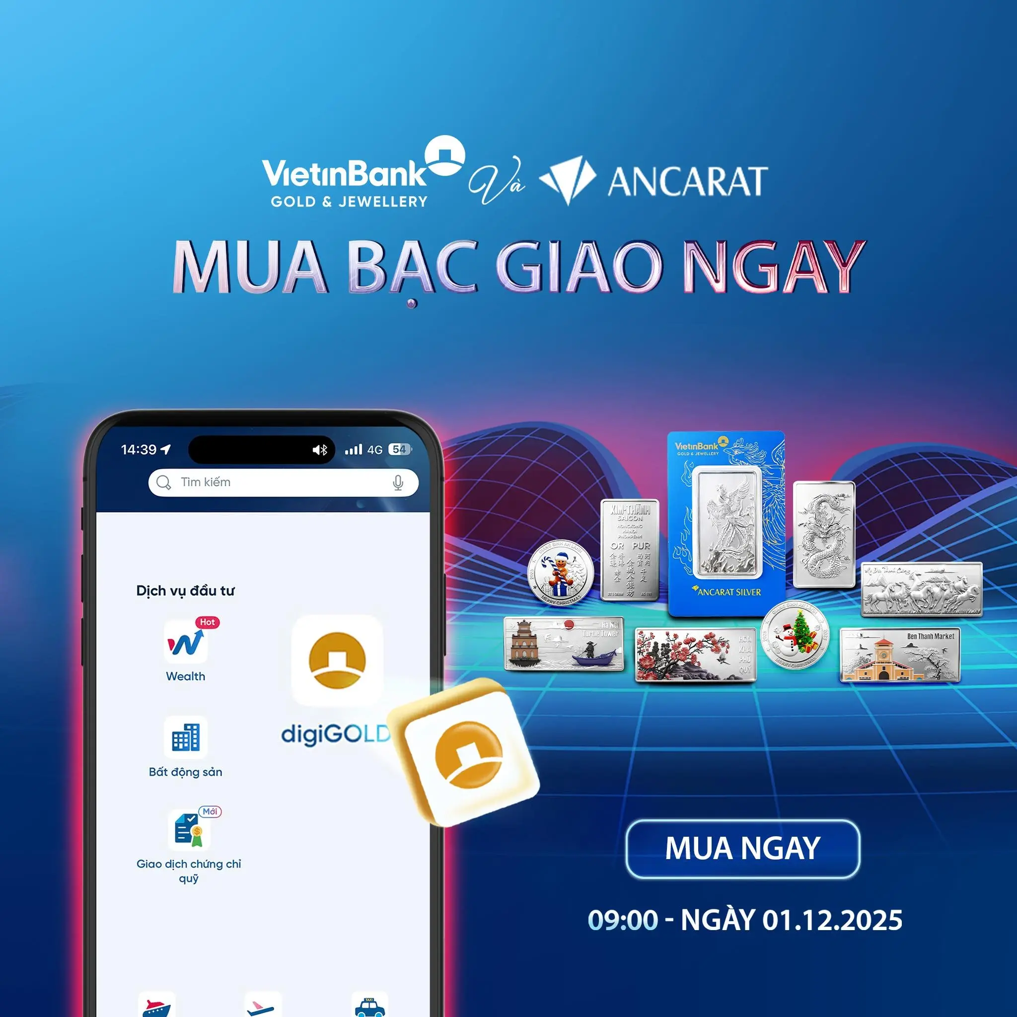 Trải nghiệm sự tiện lợi khi mua bạc trực tuyến chuẩn 99.9% ngay trên giao diện các app ngân hàng thuộc hệ sinh thái Ancarat mà không cần sử dụng tiền mặt.