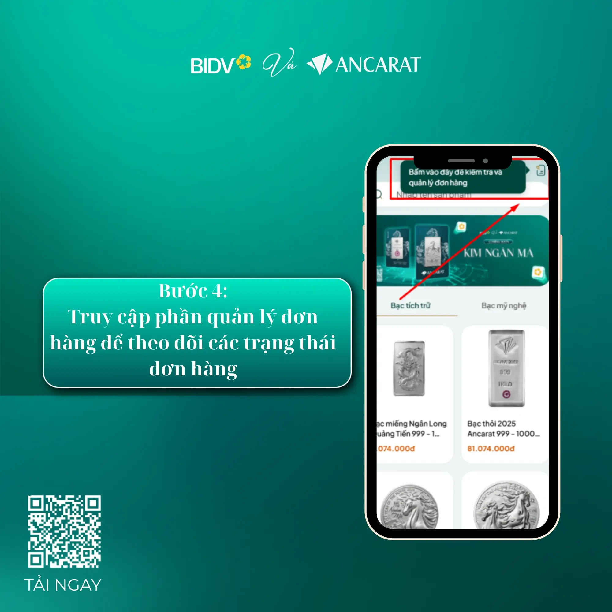 Giao diện MiniApp "Bạc tích lũy" trên BIDV SmartBanking. Quý khách nhấn vào biểu tượng cá nhân (vùng khoanh đỏ) ở góc trên bên phải để vào phần quản lý.