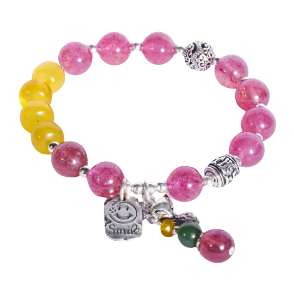 Vòng bạc mix thạch anh dâu hồng, hổ phách vàng