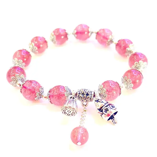 Vòng tay bạc meo chiêu tài mix thạch anh dâu hồng