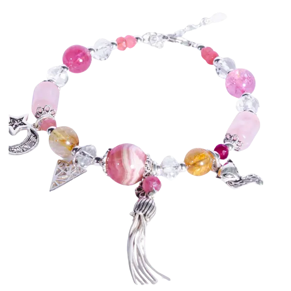 Vòng bạc charm tình yêu mix đá thạch anh hồng, đào hoa