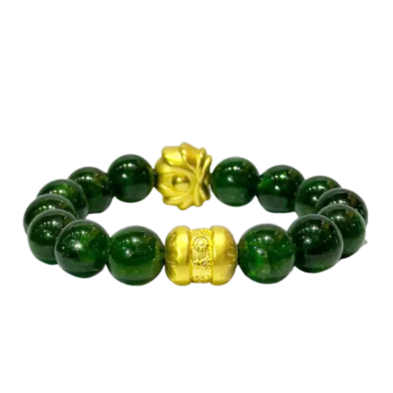 Vòng đá Diopside 5A phối charm Chú Bình An Trụ ngắn mix Hoa sen