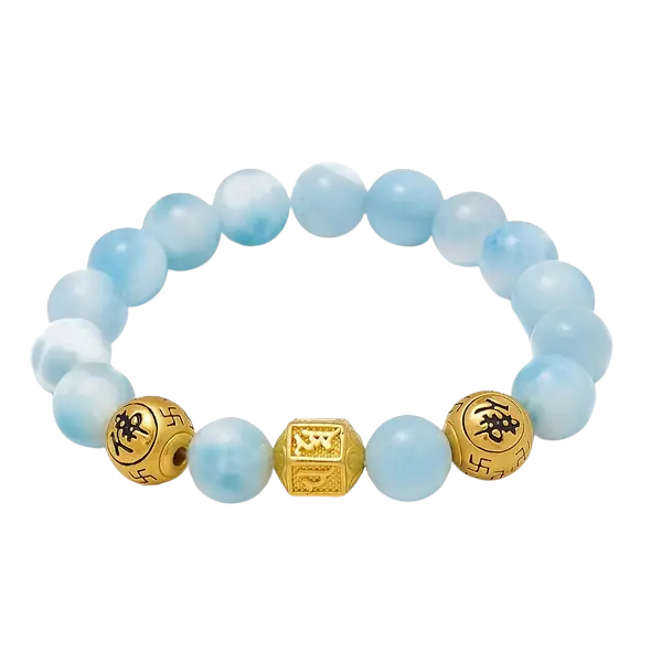 Vòng Đá Larimar Phối Hạt Charm Vàng 24k Khắc Chú