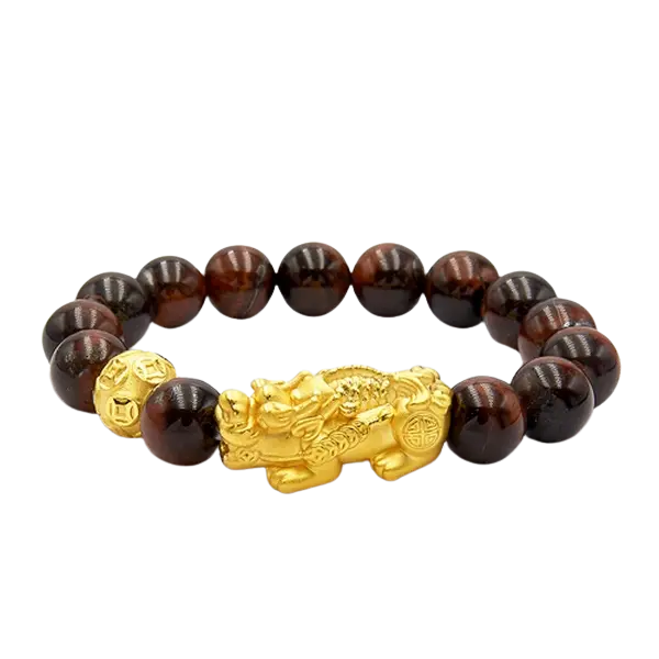 Vòng Đá Mắt Hổ Phối Charm Vàng 24k Tỳ Hưu Cõng Kim Ngư