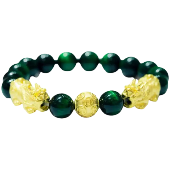 Vòng đá Mắt hổ xanh lá phối vàng 24k tỳ hưu và hột kim tiền