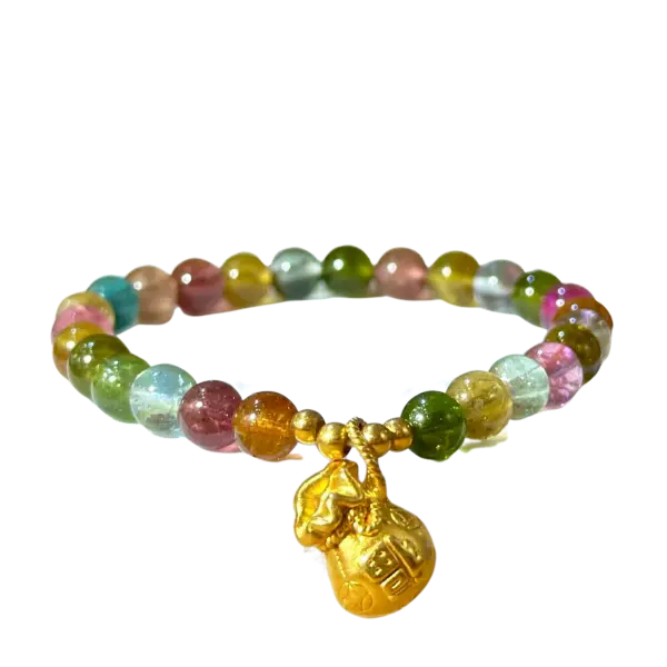 Vòng Tourmaline phối Bao đựng tiền mix Bi vàng – may mắn – tài lộc