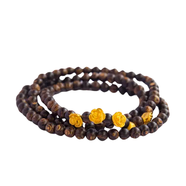 Vòng Trầm 108 Hạt Mix Vàng 24k Hoa Hồng May Mắn Tình Duyên