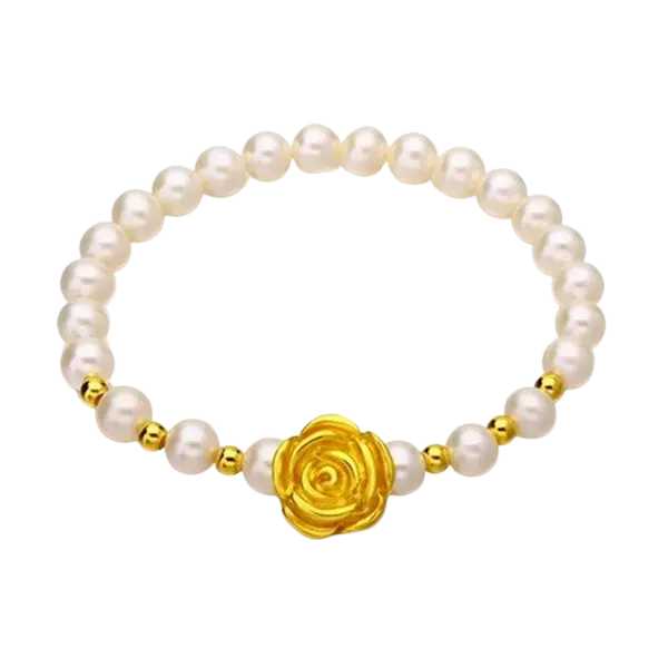 Vòng tay ngọc trai phối hoa hồng mix bi vàng