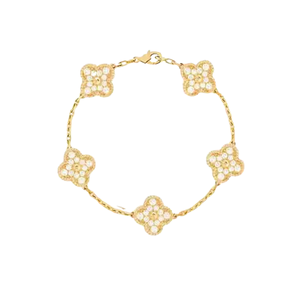 Lắc tay Vàng 18K Golden Leaf 5 hoa 15mm full đá – Bản thường