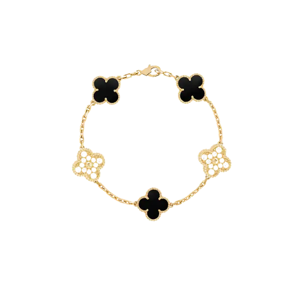 Lắc tay Vàng 18K Golden Leaf 5 hoa 15mm đính đá – Đen