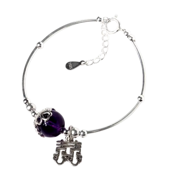 Vòng tay bạc phối đá thạch anh tím thiên nhiên mix bạc