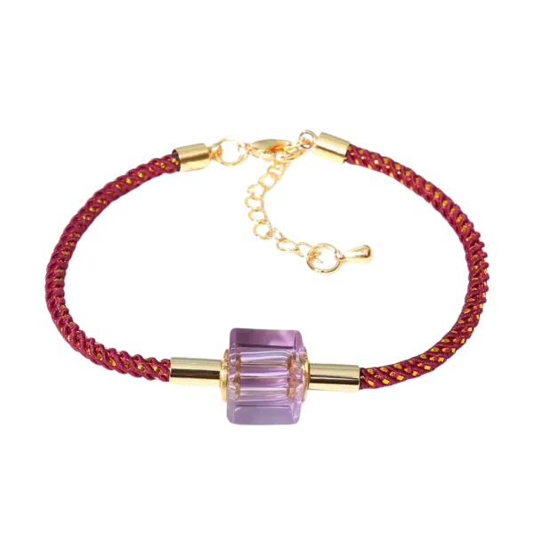 Vòng tay dây vải phối charm ngọc tím bọc bạc cao cấp mix bạc