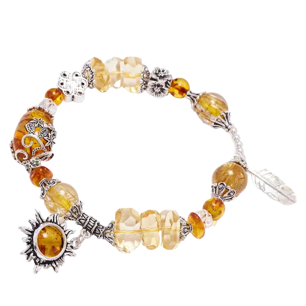 Vòng tay đá Hổ phách phối charm bạc mặt trời