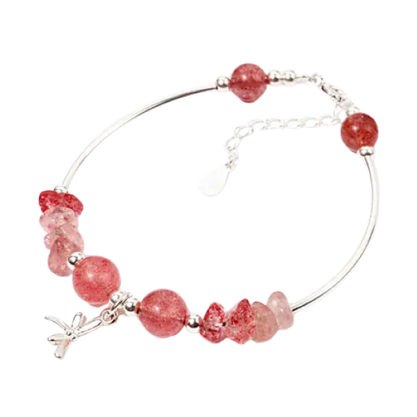 Vòng tay đá thạch anh dâu phối chuồn chuồn bạc