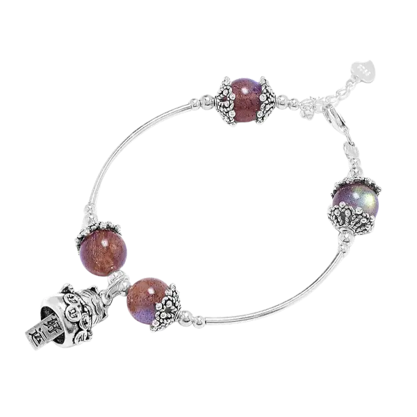 Vòng tay đá Thạch anh dâu phối Chuông bạc Mèo mix bạc