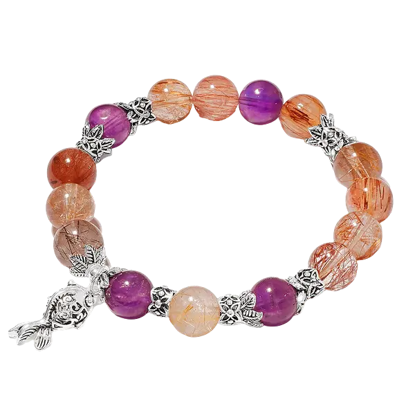 Vòng tay đá thạch anh tóc đỏ mix thạch anh tím phối charm rơi cá