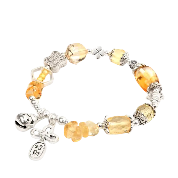 Vòng tay đá thạch anh tóc vàng phối mèo chiêu tài mix bạc