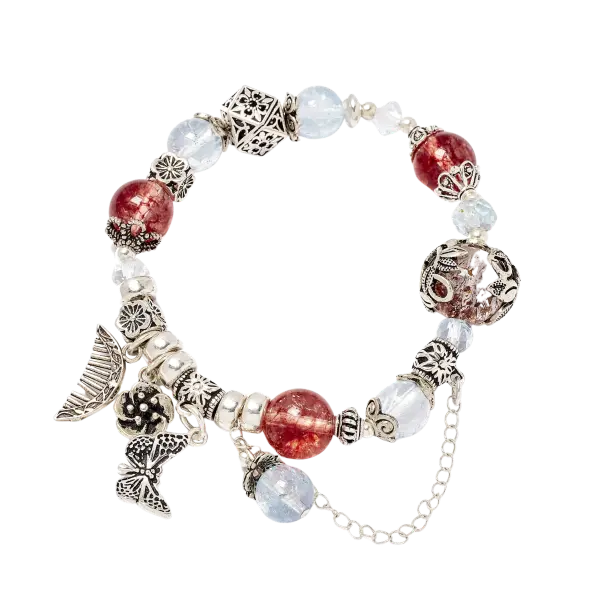 Vòng tay đá Ưu linh đỏ và Aquamarine phối charm hoa bướm