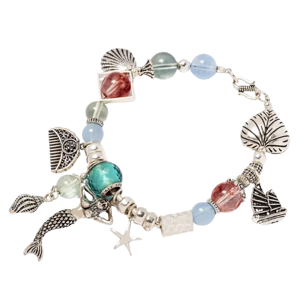Vòng tay đá Ưu linh đỏ và Aquamarine phối charm nàng tiên cá
