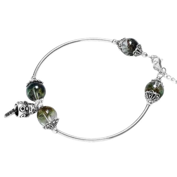 Vòng tay đá Ưu Linh xanh phối chuông Mèo Chiêu Tài