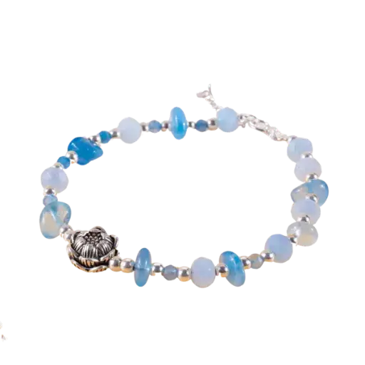 Vòng tay bạc đá Aquamarine cắt giác mix charm bạc phong thủy