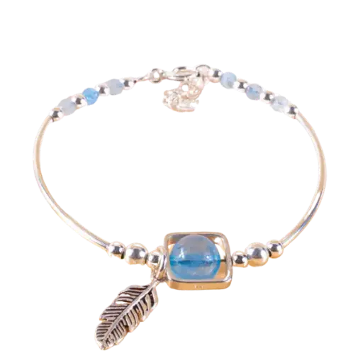 Vòng tay bạc đá Aquamarine mix lông vũ phong thủy