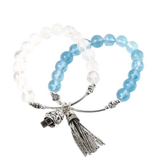 Vòng tay bạc đá Aquamarrine phối đá thạch anh trắng mix charm mèo chiêu tài