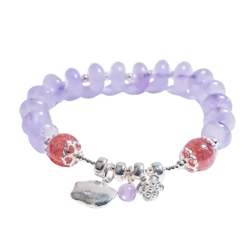 Vòng tay bạc đá thạch anh dâu phối thạch anh tím – May mắn