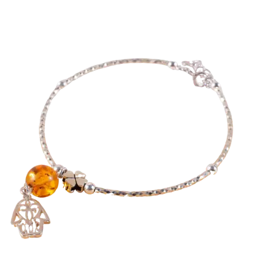 Vòng tay bạc Hổ phách mix charm bạc phong thủy