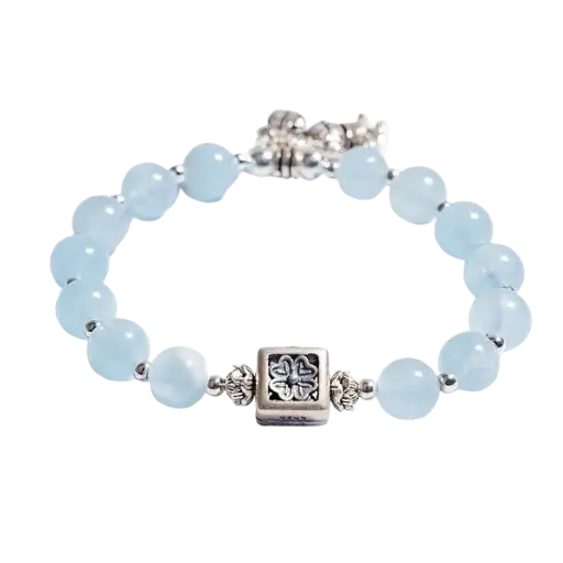 Vòng tay đá Aquamarine phối charm bạc – May mắn – Tình duyên