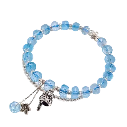 Vòng tay đá Aquamarine phối charm mèo chiêu tài