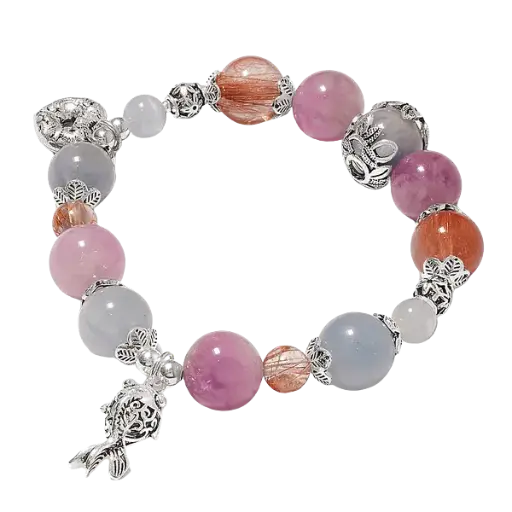 Vòng tay đá thạch anh đa sắc phối charm bạc cá