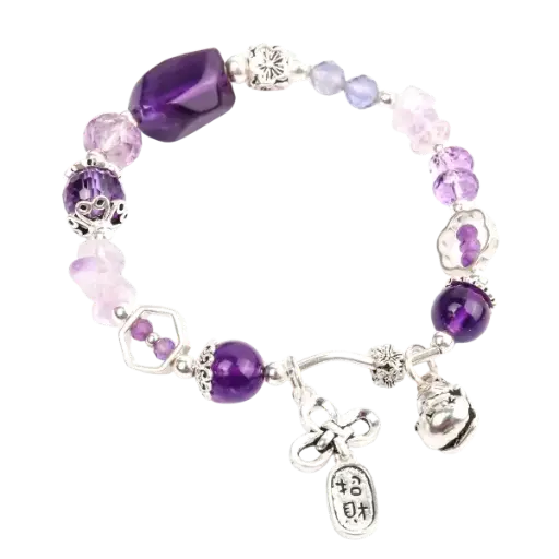 Vòng tay đá thạch anh tím phối mèo chiêu tài mix bạc