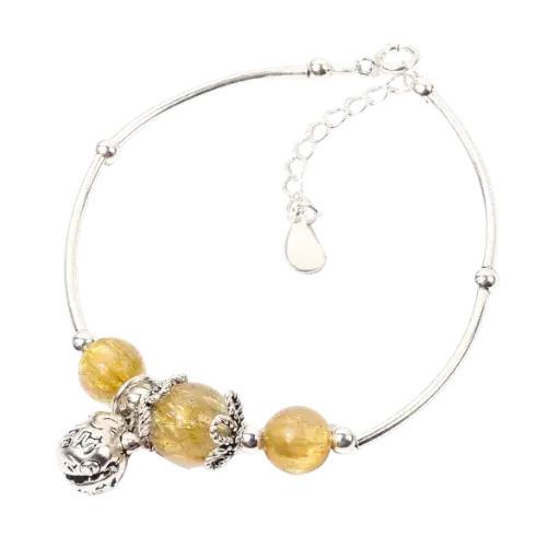 Vòng tay mèo chiêu tài bạc phối đá thạch anh tóc vàng mix bạc