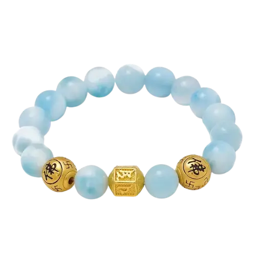 Vòng Đá Larimar Phối Hạt Charm Vàng 24k Khắc Chú