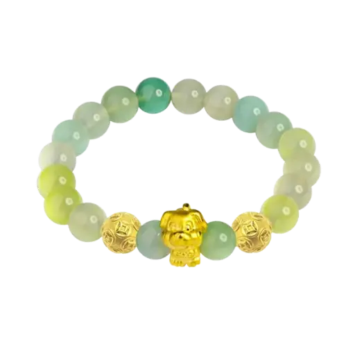 Vòng Đá Phối Charm Vàng 24K Kim Tuất Và Hột Kim Tiền