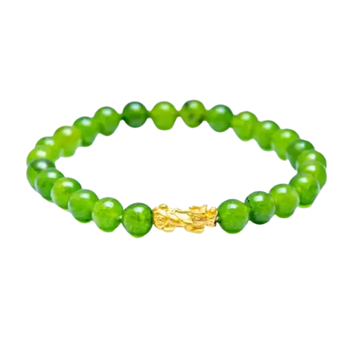 Vòng đá thạch anh xanh lá phối Charm vàng Tỳ Hưu mệnh Mộc – May mắn – Tiền tài